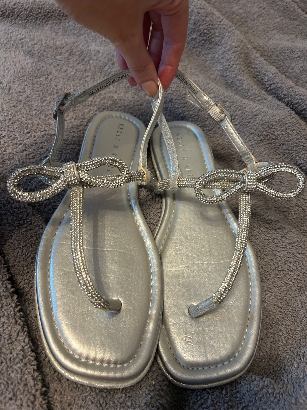 Kelly & Katie Silver Rhinestone Bow T-Strap Sandals